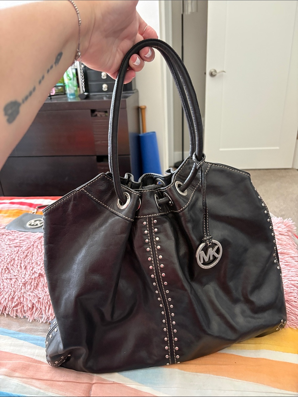 Michael Kors Black Leather Studded Drawstring Tote